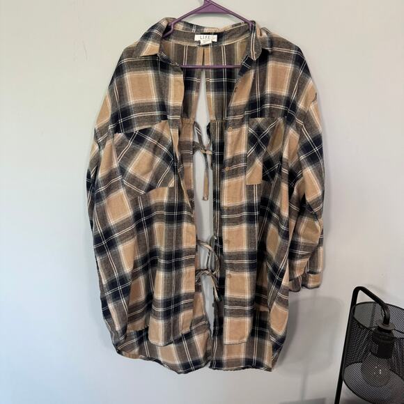 L.I.F.E. Plaid Tie Back Button Down Top Women's Size Large Roll Tab Sleeves - Picture 1 of 8